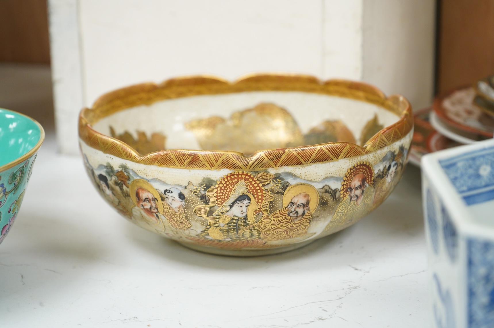 Mixed Japanese and Chinese bowls, vases and plates, largest 18cm diameter